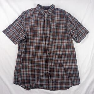 Lands End The Madras Shirt Brown Blue Striped Plaid Mens Large